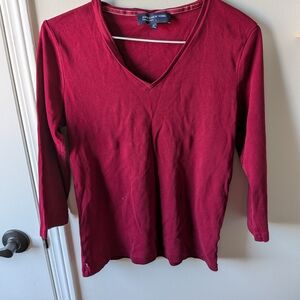 Jones New York Women’s Red 100% Cotton V-Neck Long Sleeve Top